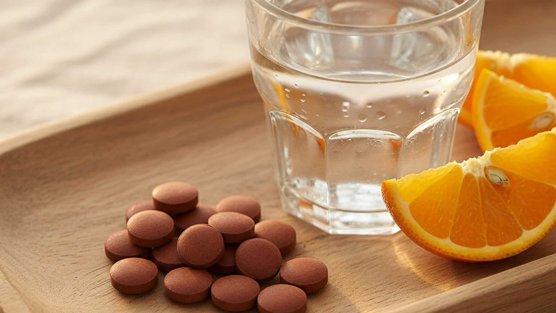 Gros plan sur des comprimés de fer à côté d'un verre d'eau et de quartiers d'orange sur un plateau en bois