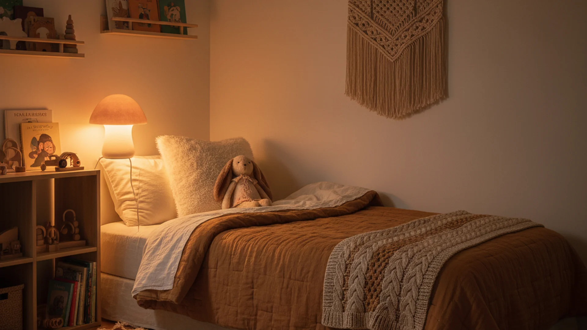 Chambre d'enfant paisible avec une veilleuse douce, un lit avec des draps froissés et un doudou posé à côté