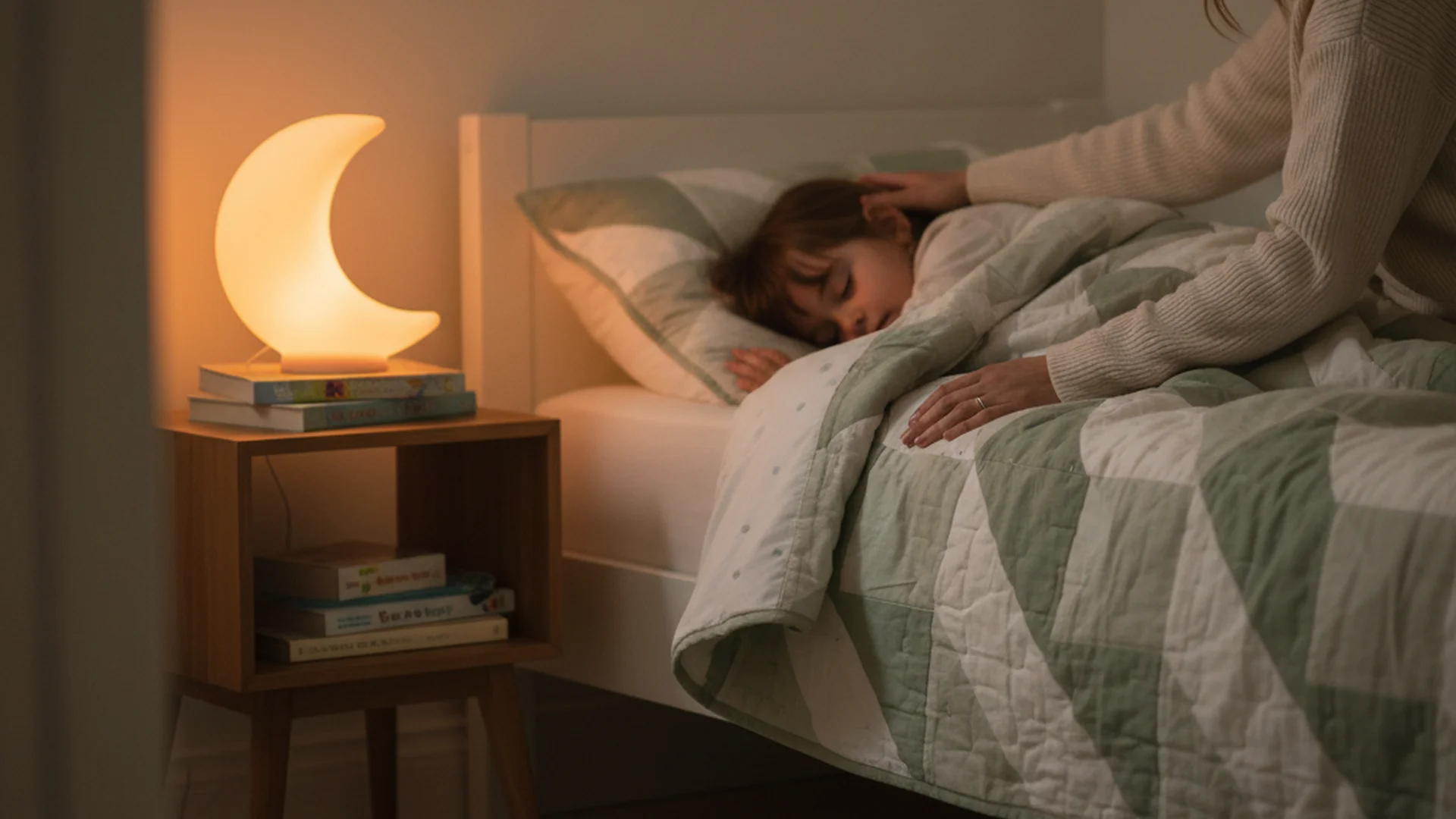 Parent assis au bord du lit d'un enfant endormi dans une chambre sombre avec une veilleuse, posture rassurante