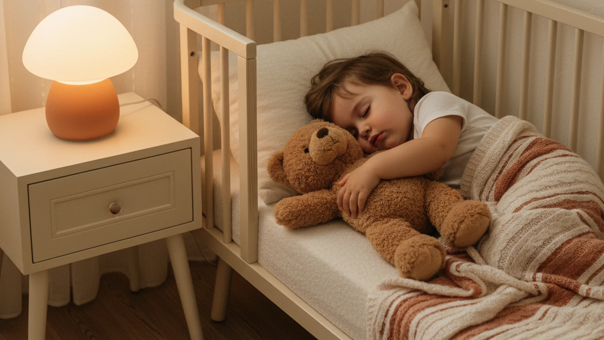 Jeune enfant endormi dans un lit douillet avec une peluche, lumière chaude de veilleuse dans une chambre sécurisée