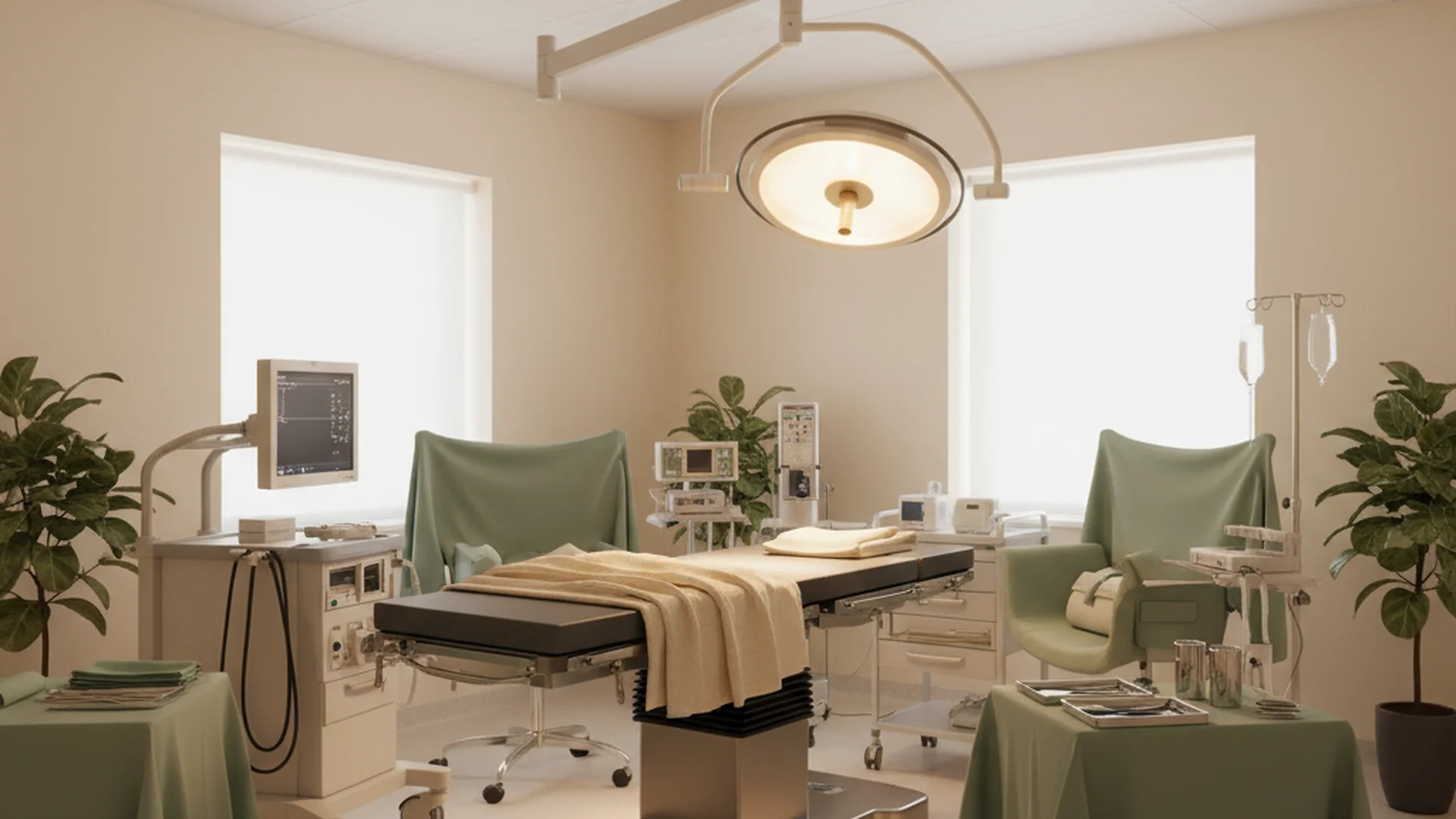 Salle d'opération moderne et lumineuse prête pour un accouchement, ambiance rassurante avec équipement médical