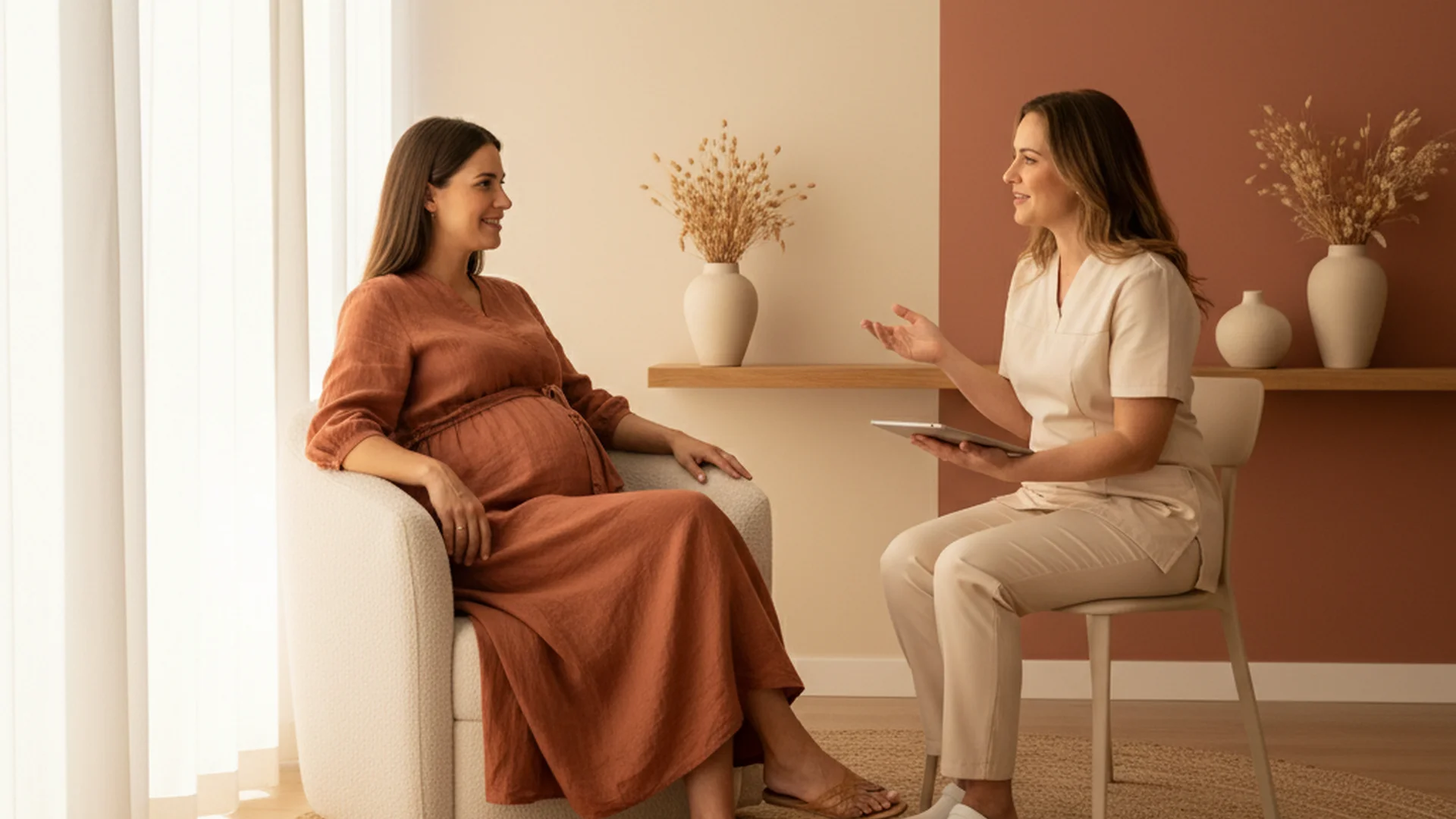 Femme enceinte sereine discutant avec sa sage-femme dans un cabinet médical lumineux et accueillant