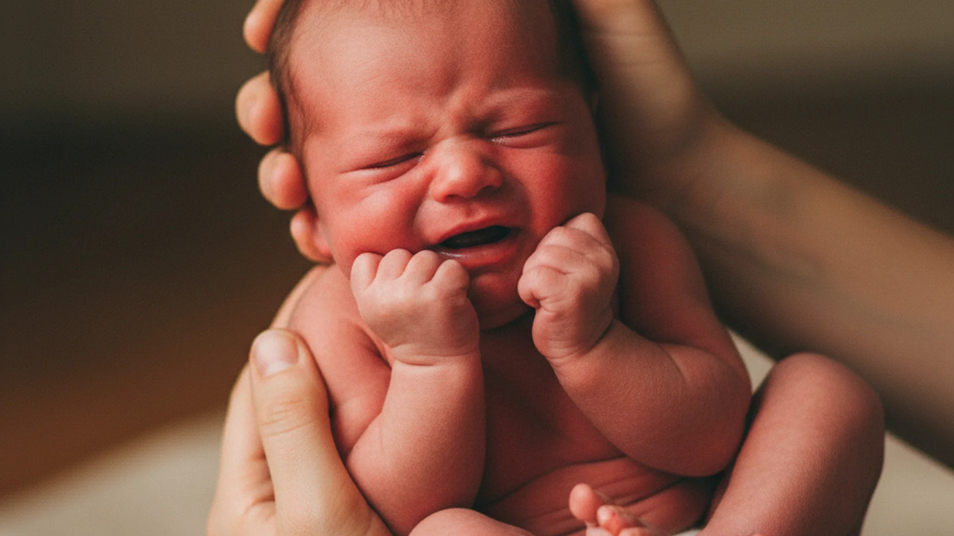 Nourrisson les jambes remontées vers le ventre, pleurant dans les bras de sa maman