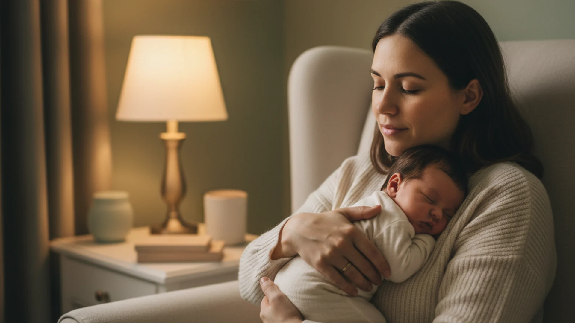 Maman épuisée mais sereine, tenant son bébé dans ses bras dans la douceur d'une chambre tamisée