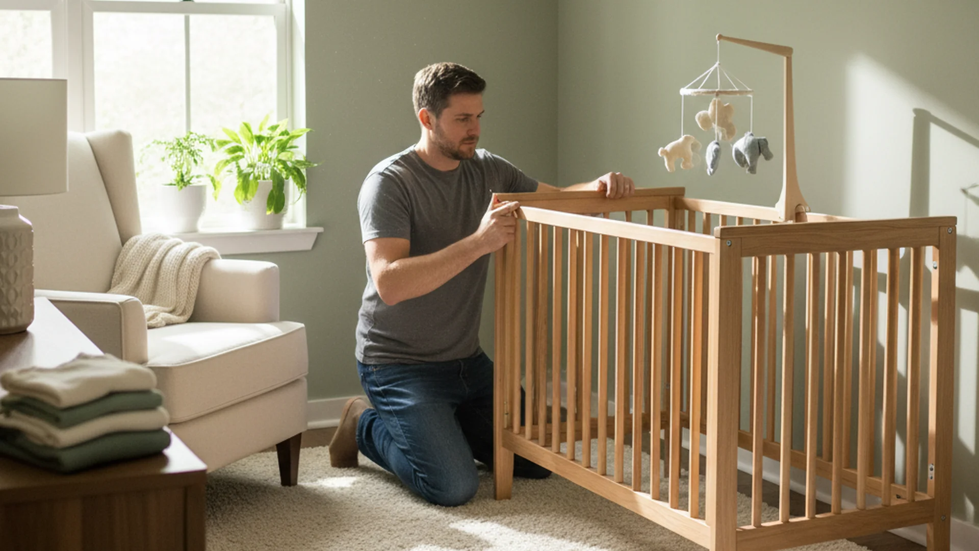 Papa préparant le berceau de son futur bébé dans une chambre aux tons naturels et chaleureux