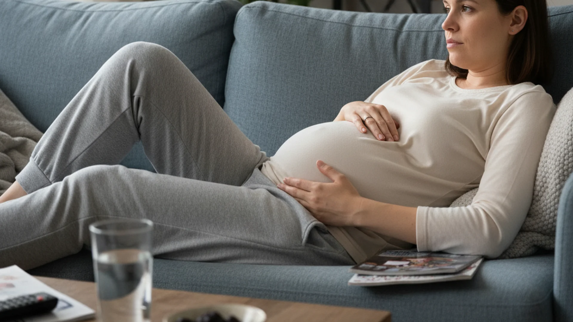 Femme enceinte allongée sur un canapé avec un coussin sur le ventre, expression songeuse