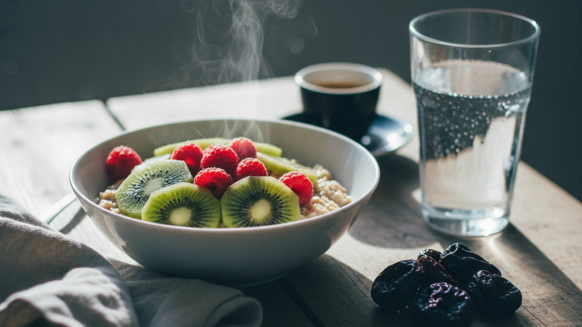 Plateau petit-déjeuner sain avec bol de flocons d'avoine, pruneaux, kiwi et verre d'eau sur une table en bois
