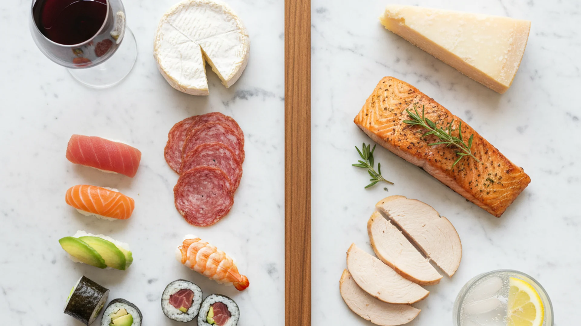 Assortiment d’aliments à éviter pendant la grossesse, incluant sushi, charcuterie, fromage au lait cru et vin, opposés à des aliments sûrs comme saumon cuit, poulet et fromage à pâte dure.