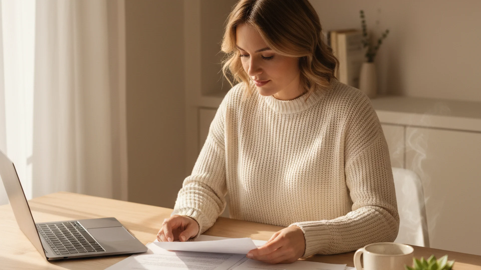 Femme assise à une table en train de consulter des documents administratifs avec un ordinateur portable, illustrant les démarches liées au congé maternité.