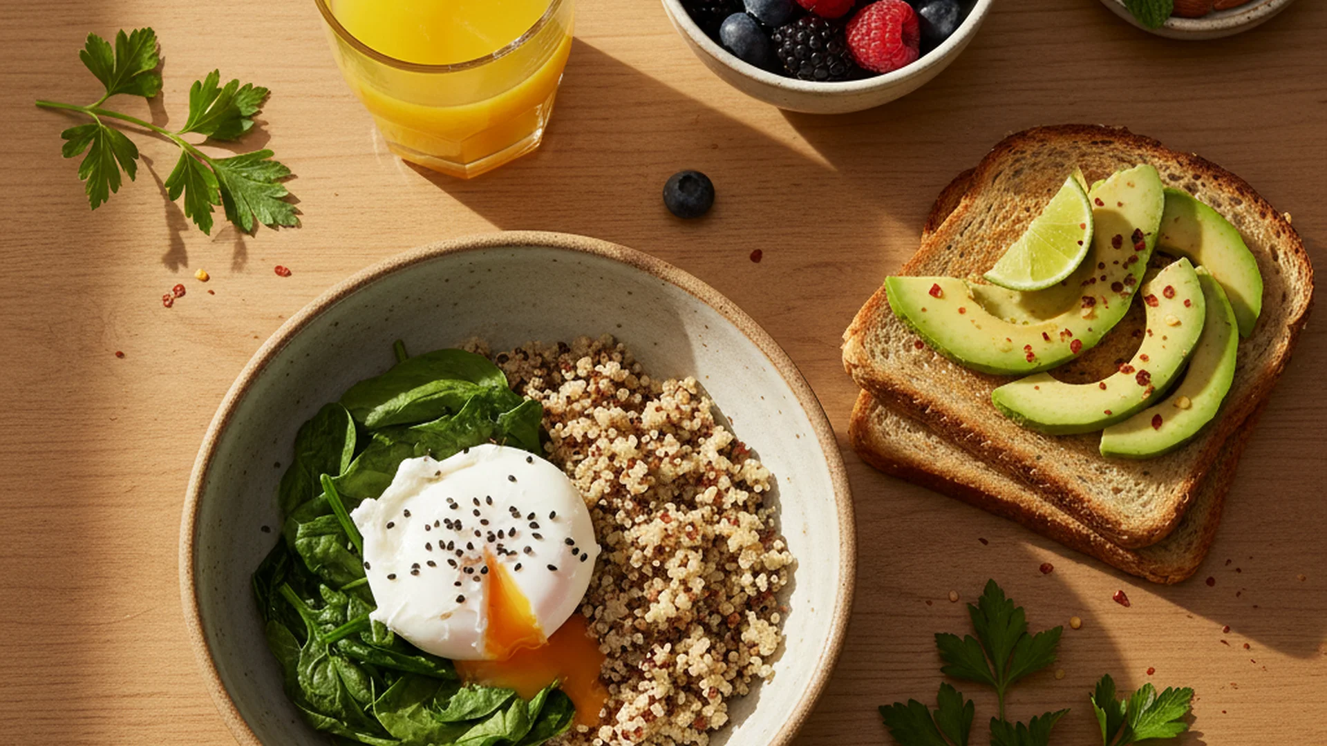 Petit-déjeuner équilibré pour le premier trimestre de grossesse avec quinoa, œuf poché, épinards, toast à l’avocat, fruits et jus d’orange.
