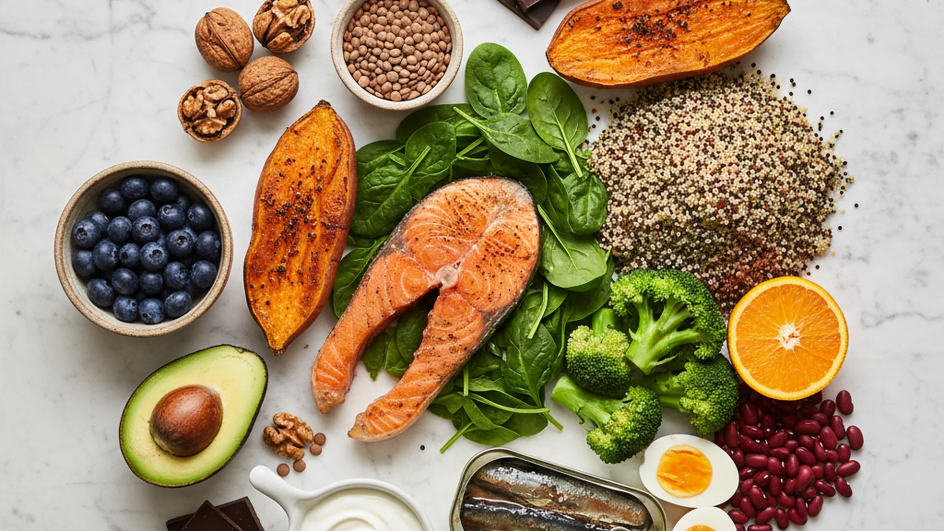 Assortiment de super aliments pour la grossesse incluant saumon, épinards, quinoa, avocat, myrtilles, lentilles et brocoli, riches en nutriments essentiels pour la santé du bébé.