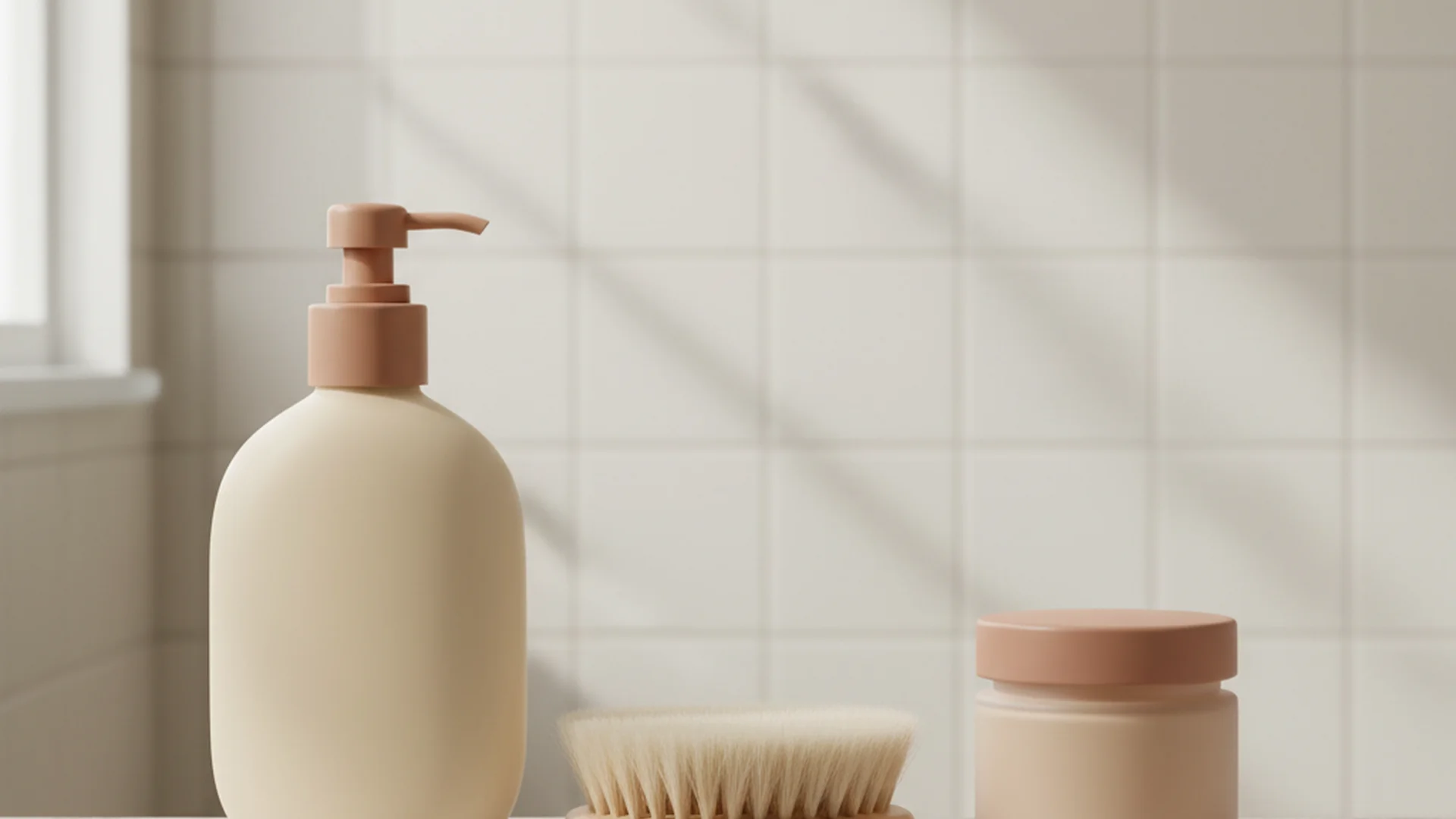 Produits de soin pour bébé alignés sur une étagère : shampoing doux, brosse à poils souples et vaseline