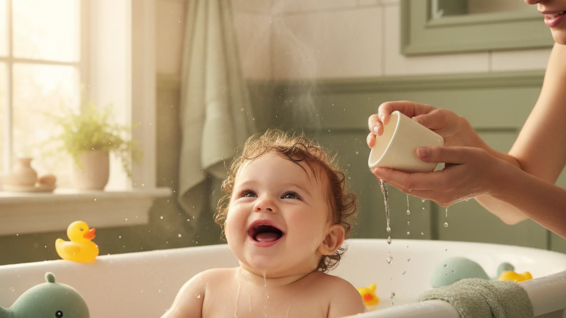 Bébé souriant pendant le bain, sa maman lui versant doucement de l'eau sur la tête dans une baignoire bébé