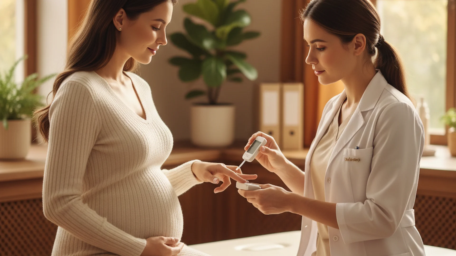 Femme enceinte lors d'une consultation médicale, le médecin vérifie sa glycémie avec un lecteur