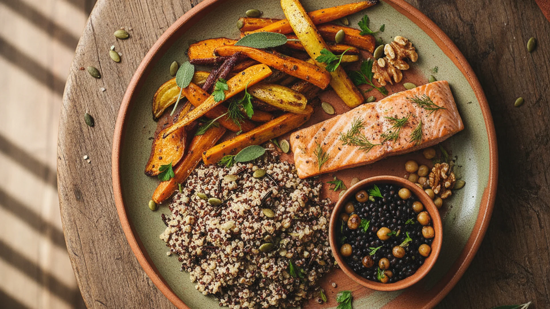 Assiette équilibrée avec légumes, protéines et féculents complets pour une femme enceinte