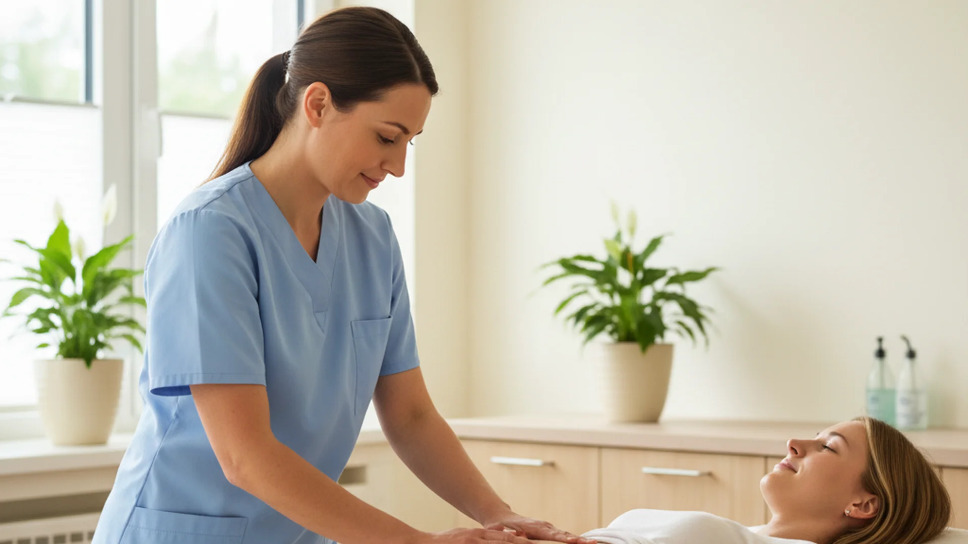 Sage-femme ou kinésithérapeute examinant le ventre d'une patiente allongée dans un cabinet médical lumineux