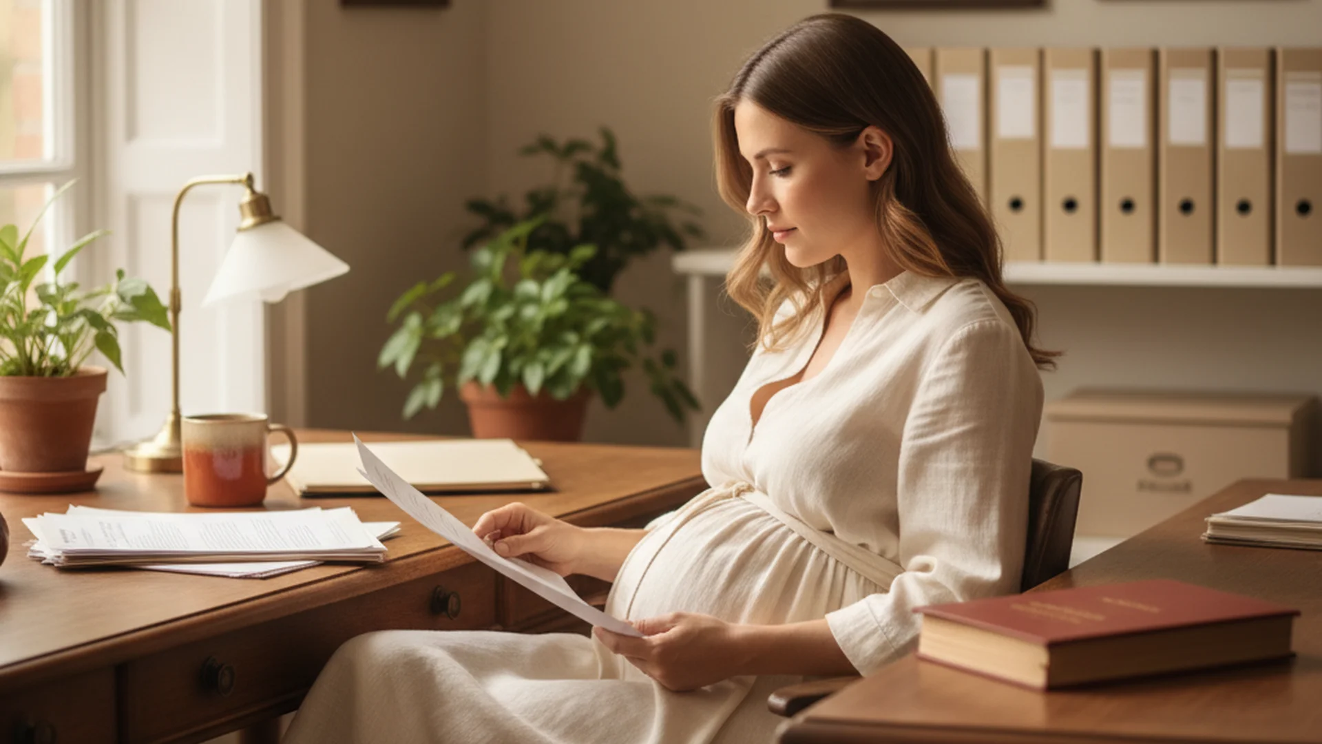 Femme enceinte lisant un document officiel avec le Code du travail posé sur son bureau dans une ambiance sereine