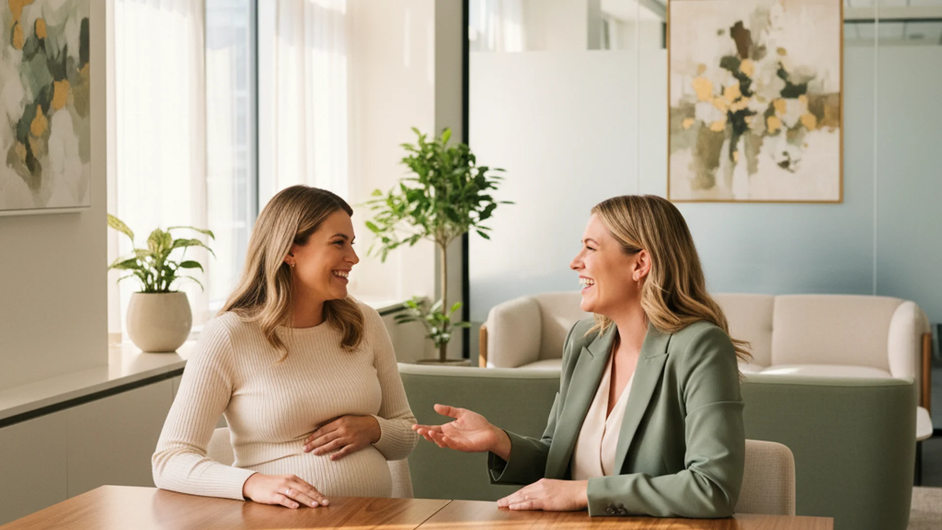 Femme enceinte discutant avec sa responsable dans un bureau moderne, ambiance bienveillante et professionnelle