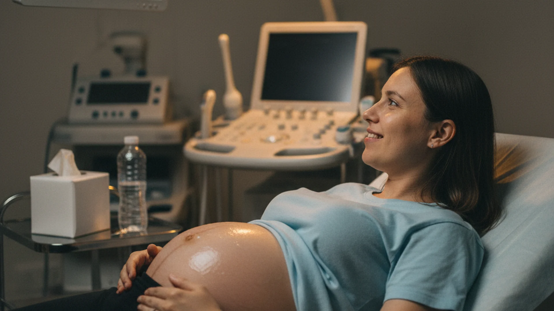 Femme enceinte allongée pendant une échographie, regardant l'écran avec émotion