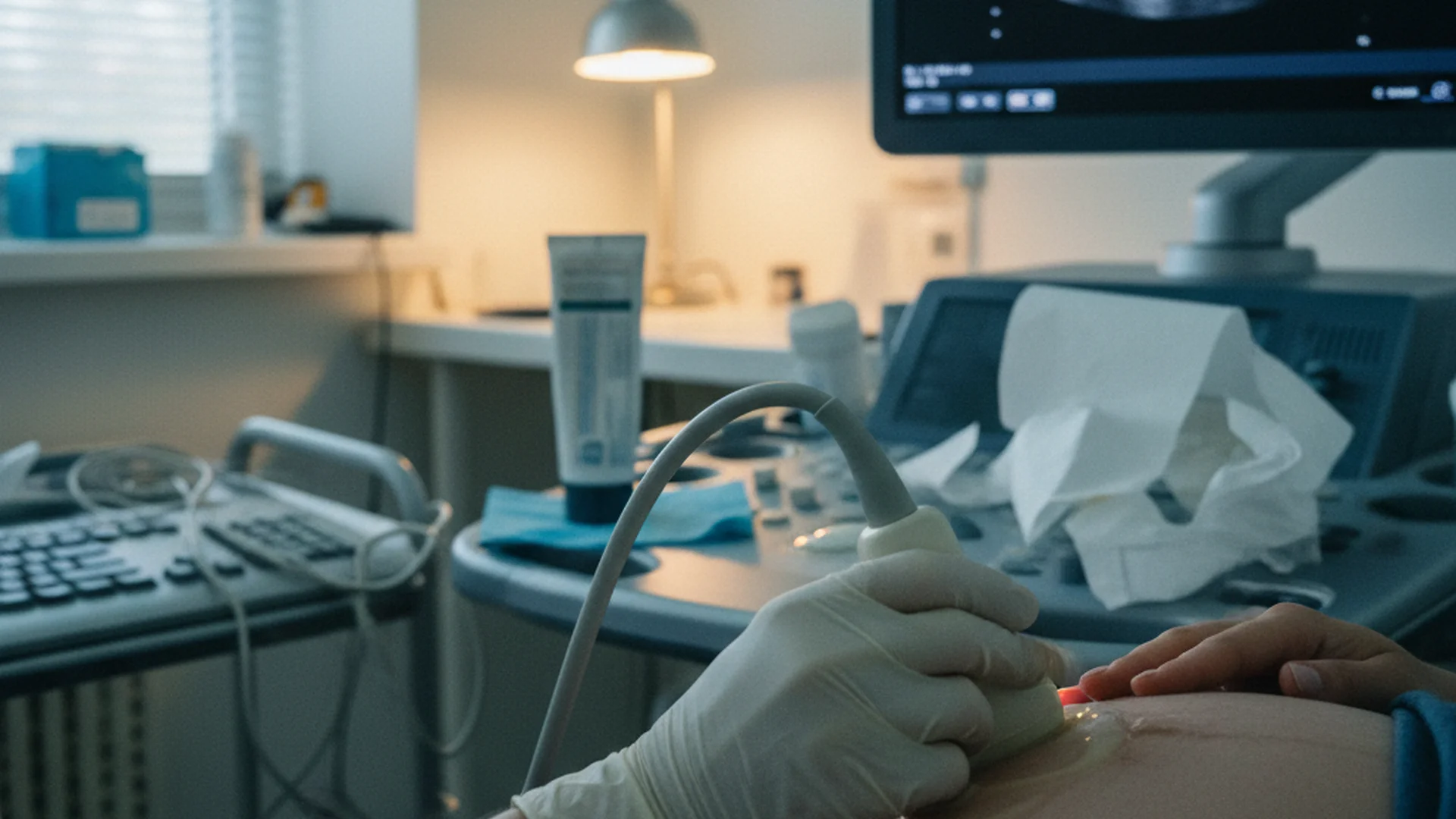 Salle d'échographie avec une femme enceinte et un professionnel de santé regardant l'écran ensemble