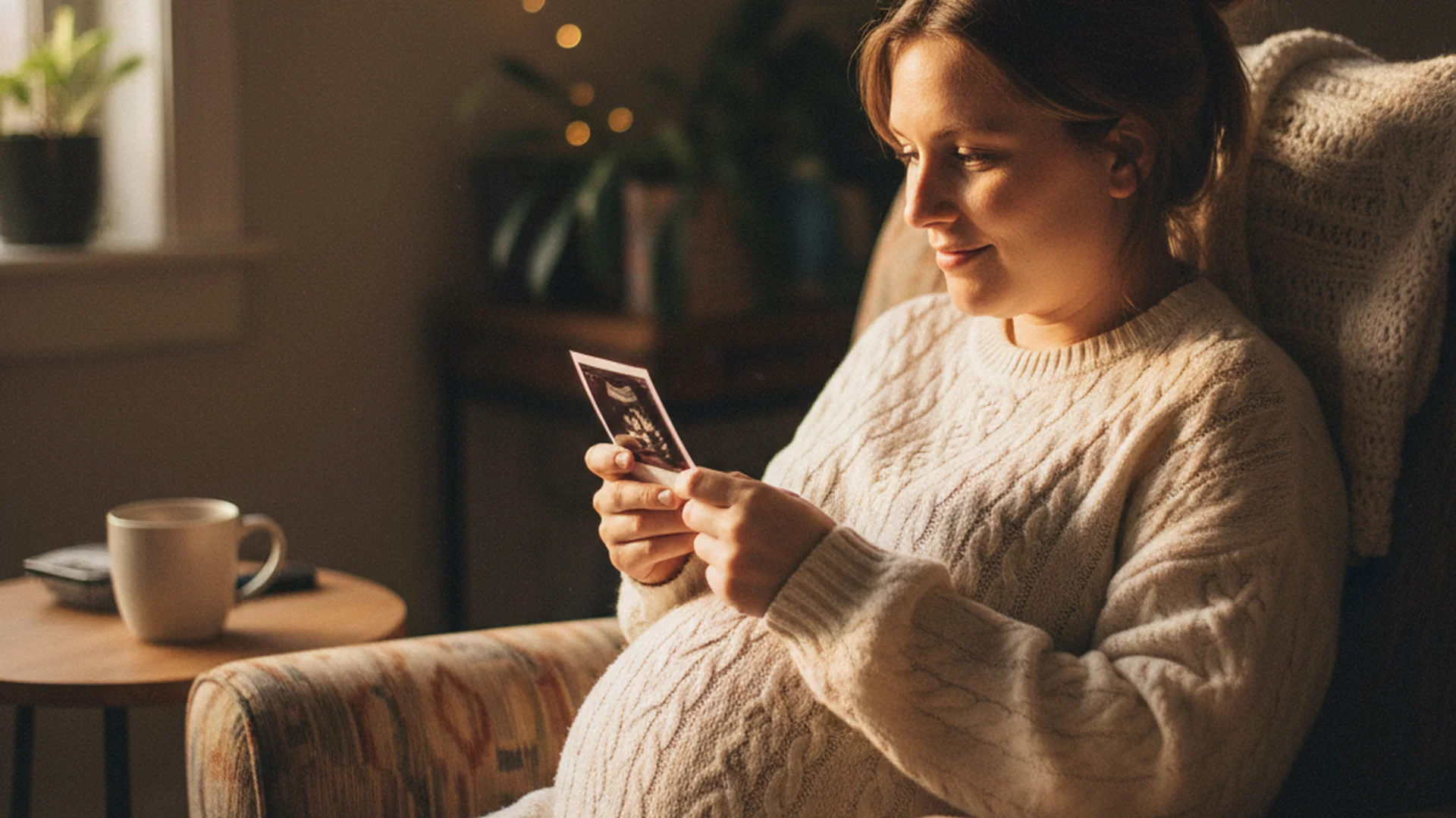 Femme enceinte au troisième trimestre assise dans un fauteuil, tenant une échographie imprimée dans ses mains