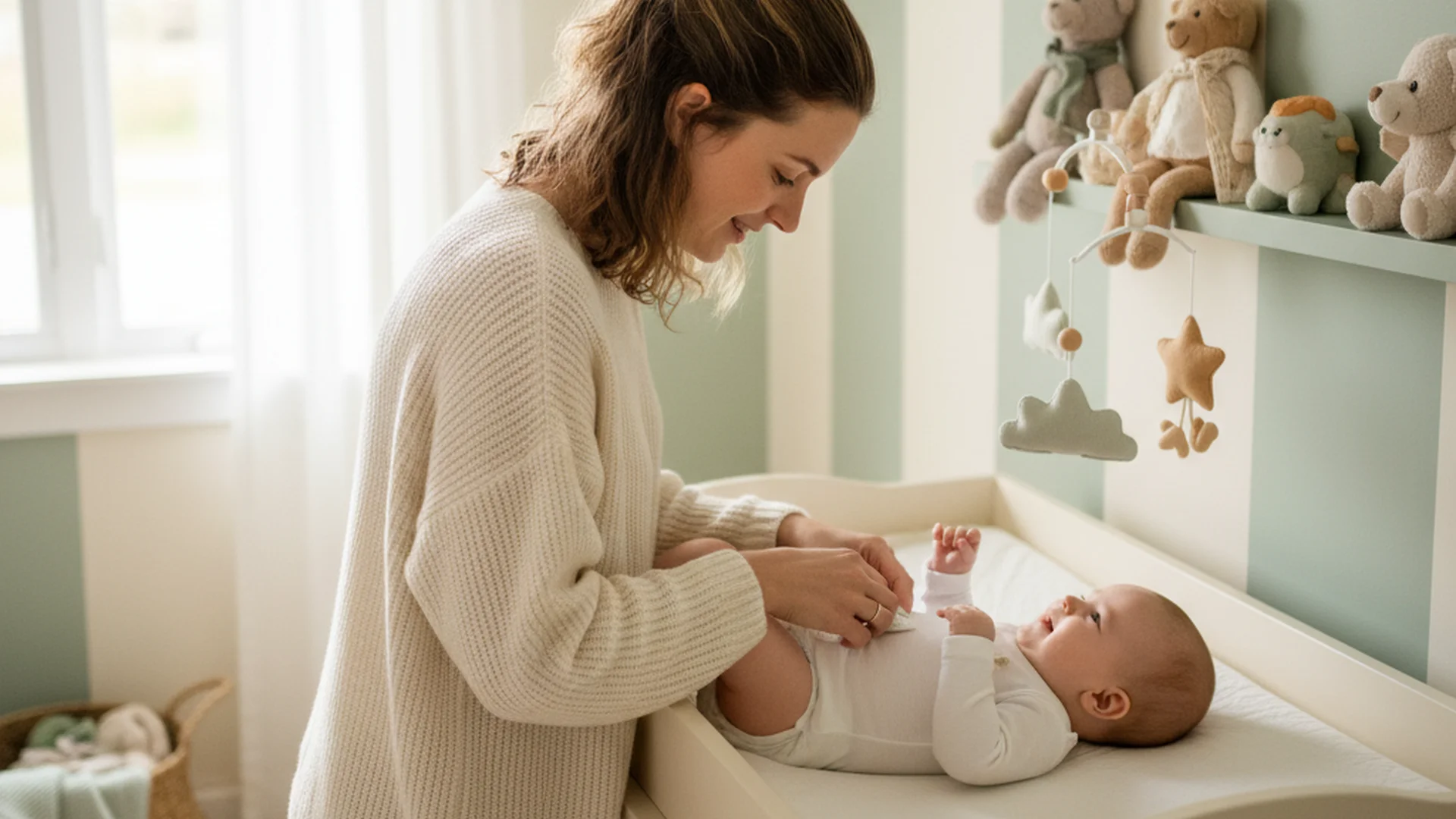 Jeune maman changeant la couche de son bébé sur une table à langer dans une chambre lumineuse aux tons pastel