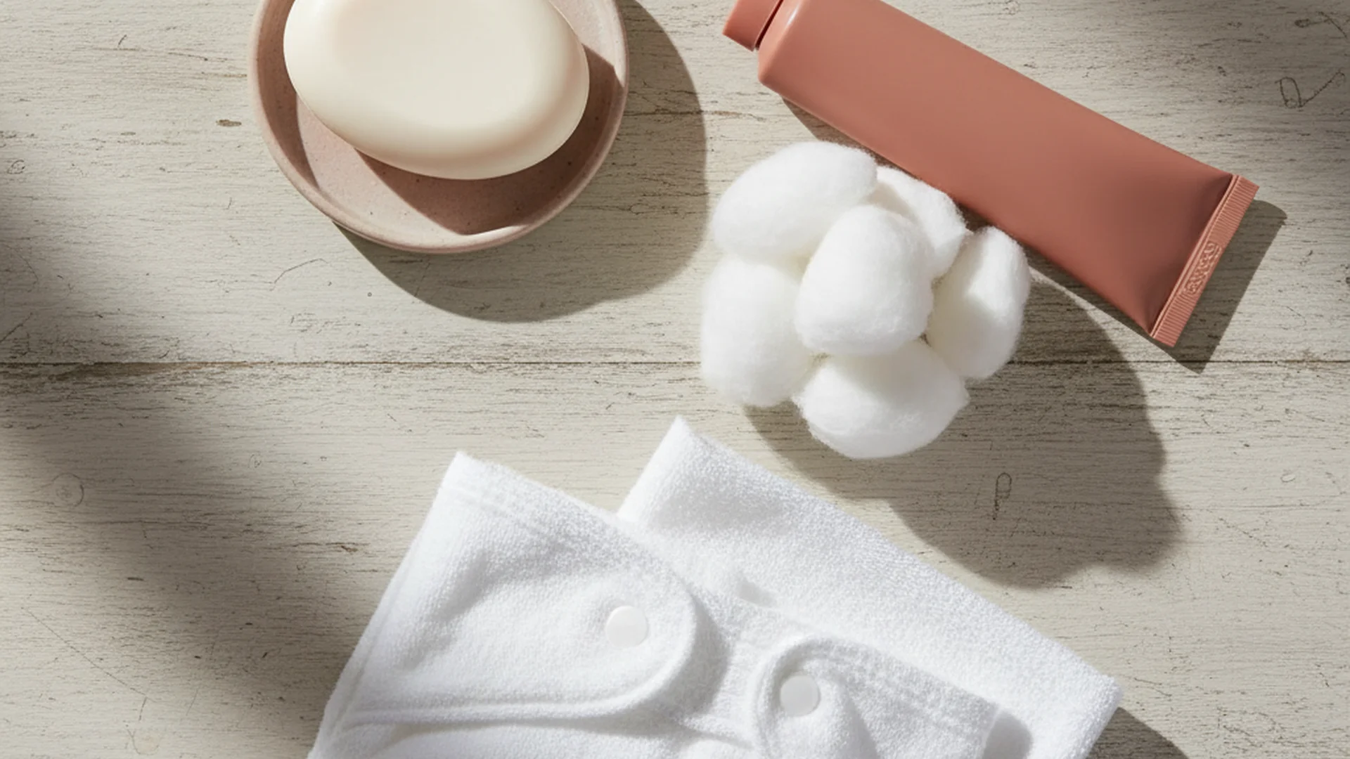 Gros plan sur les produits de change adaptés pour bébé : savon surgras, pâte à l'eau et couche ouverte