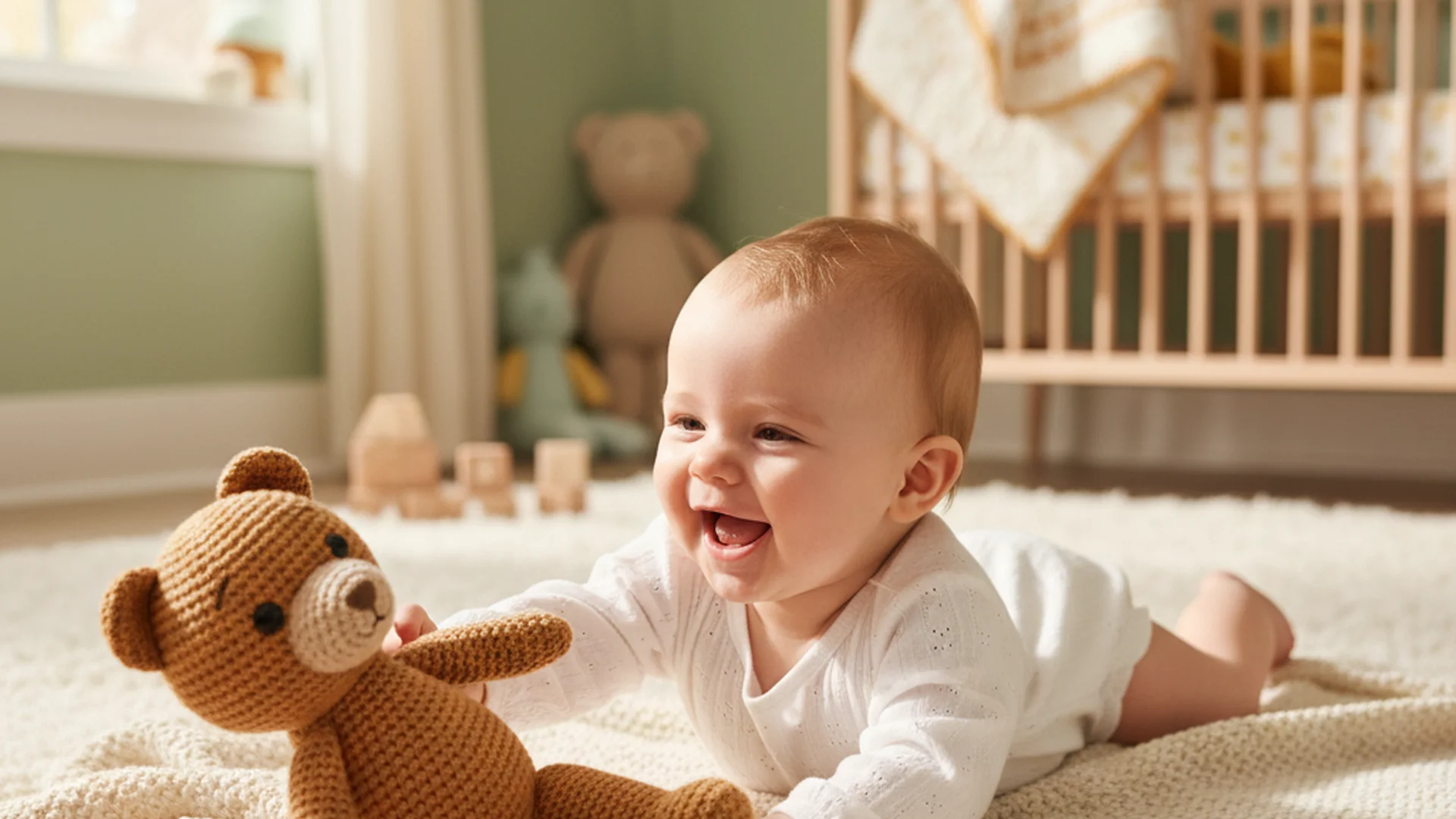 Bébé souriant allongé sur une couverture douce dans une chambre lumineuse aux tons pastel