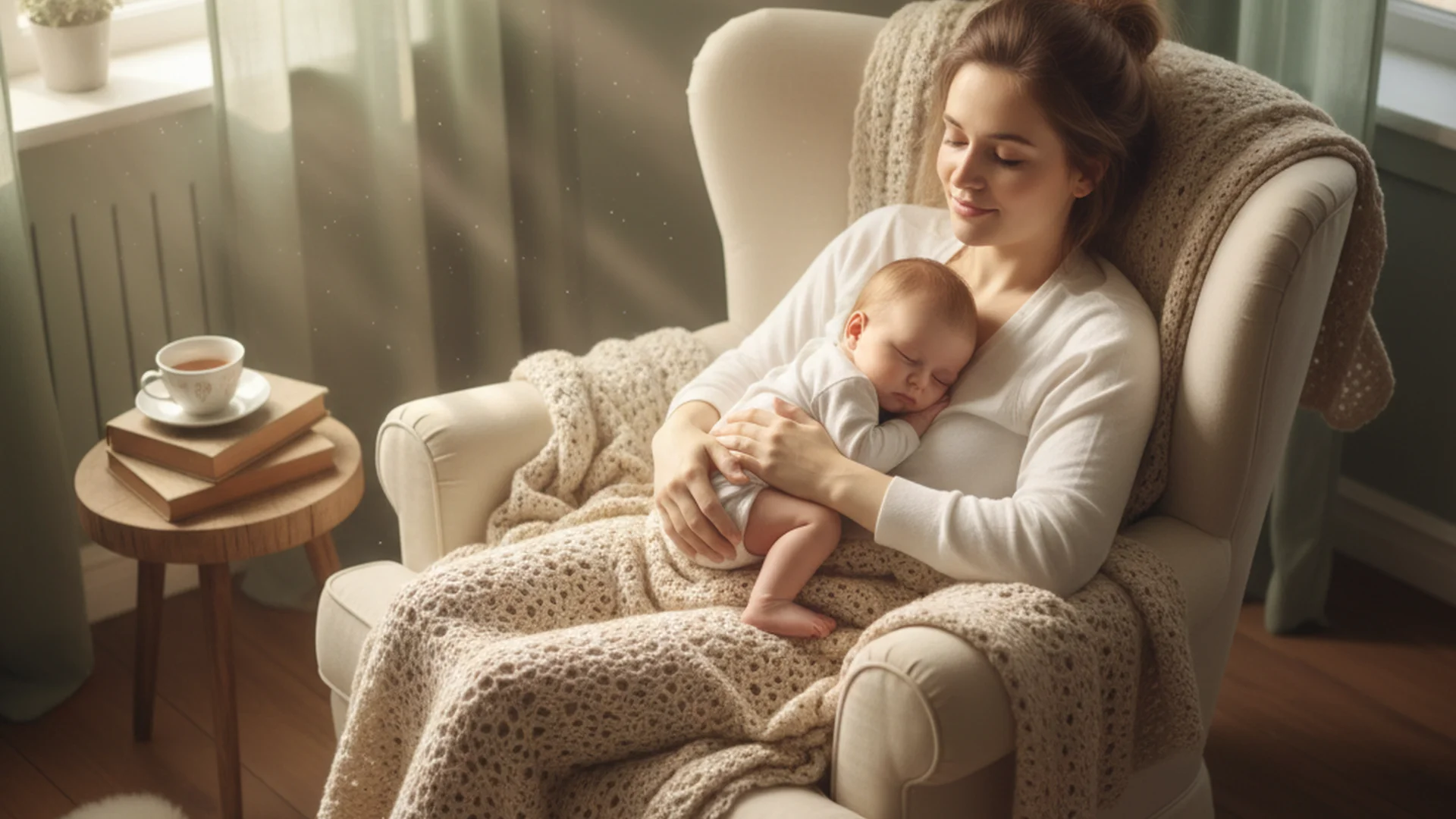 Jeune maman fatiguée assise dans un fauteuil avec son bébé endormi dans ses bras, lumière douce du matin