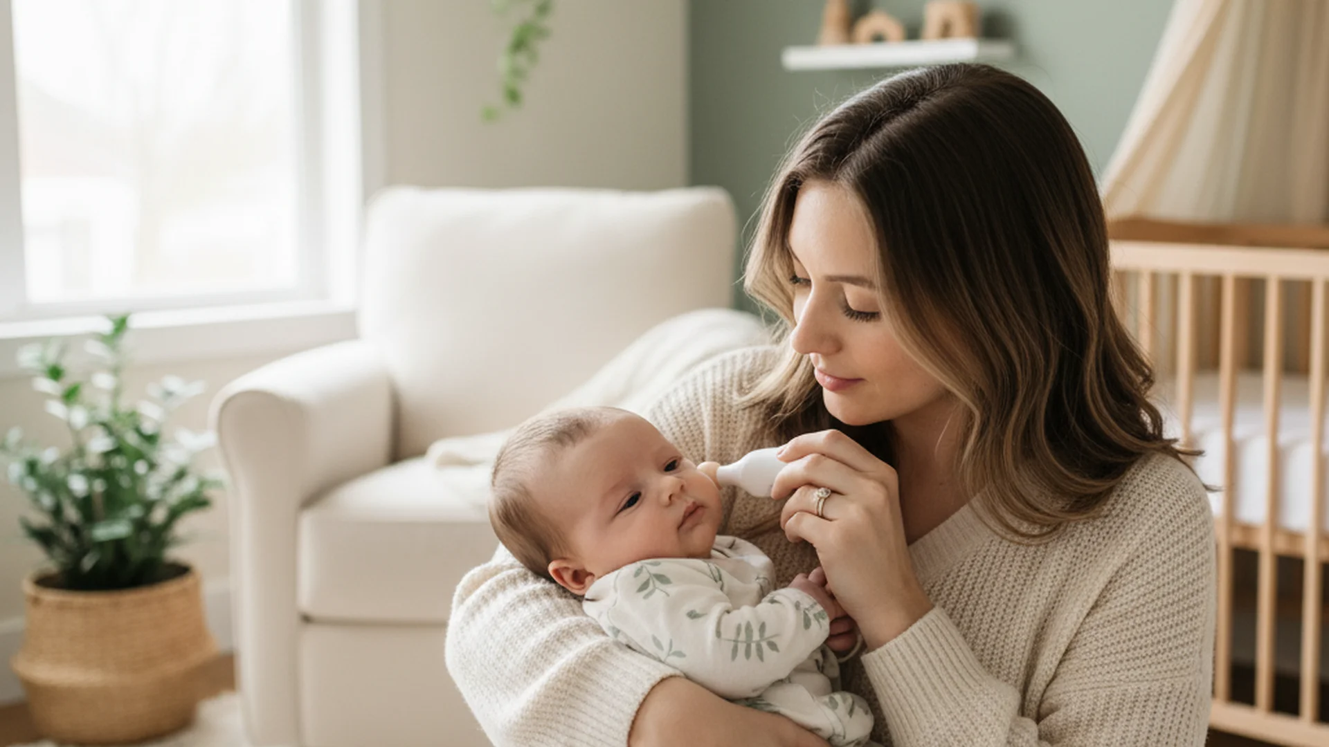 Jeune maman prenant la température de son bébé dans une chambre lumineuse aux tons doux