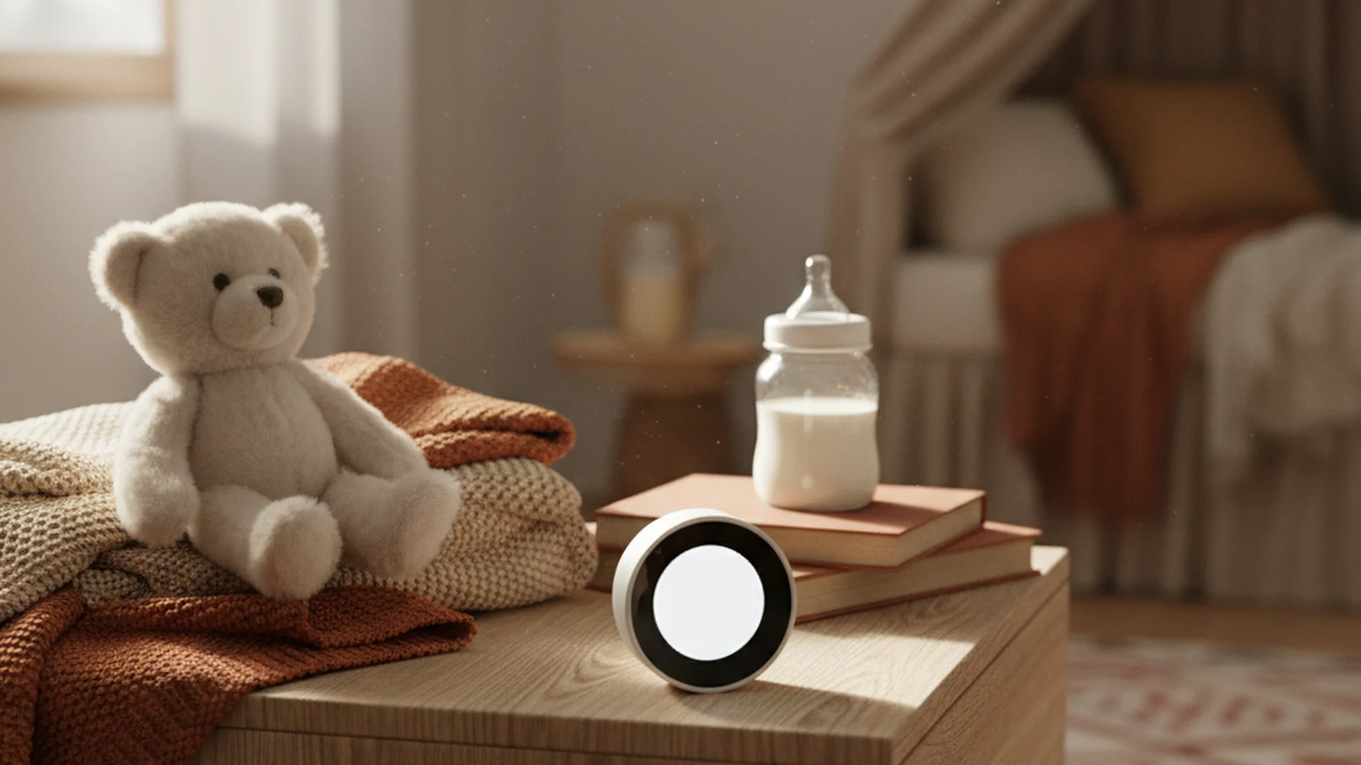 Thermomètre digital posé sur une table de chevet à côté d'un doudou et d'un biberon dans une ambiance chaleureuse
