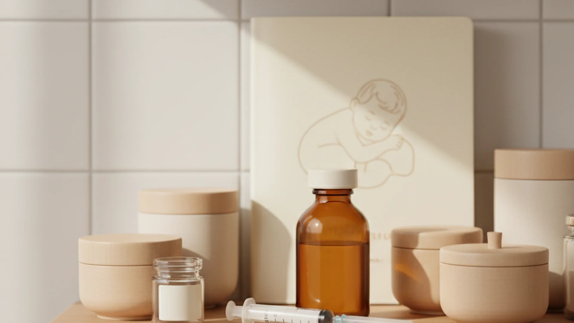 Pharmacie familiale avec du paracétamol pédiatrique et un carnet de santé posés sur une étagère en bois clair