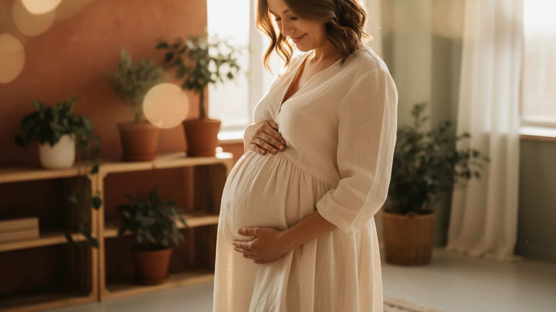 Femme enceinte tenant son ventre arrondi dans une lumière chaude et dorée