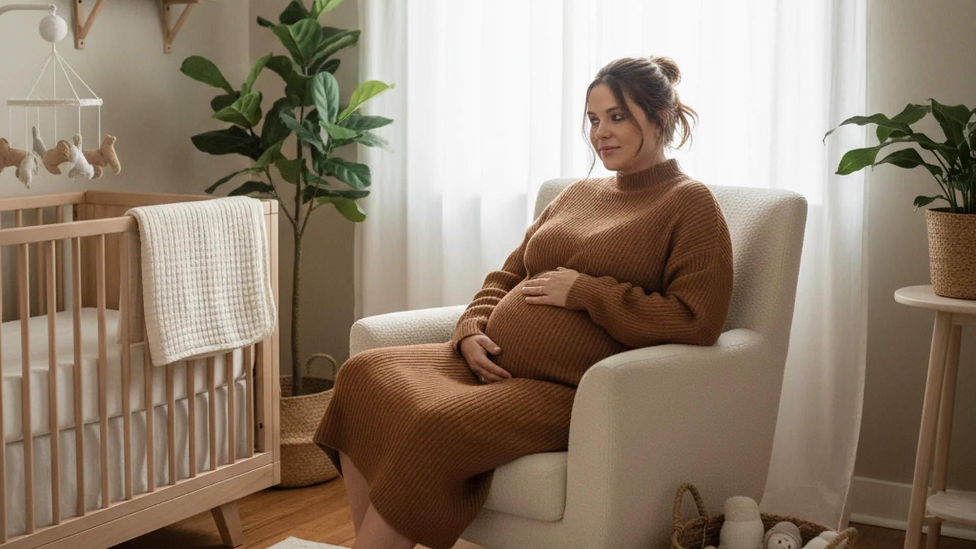 Femme enceinte au troisième trimestre, sereine dans un espace lumineux, la main posée sur son ventre