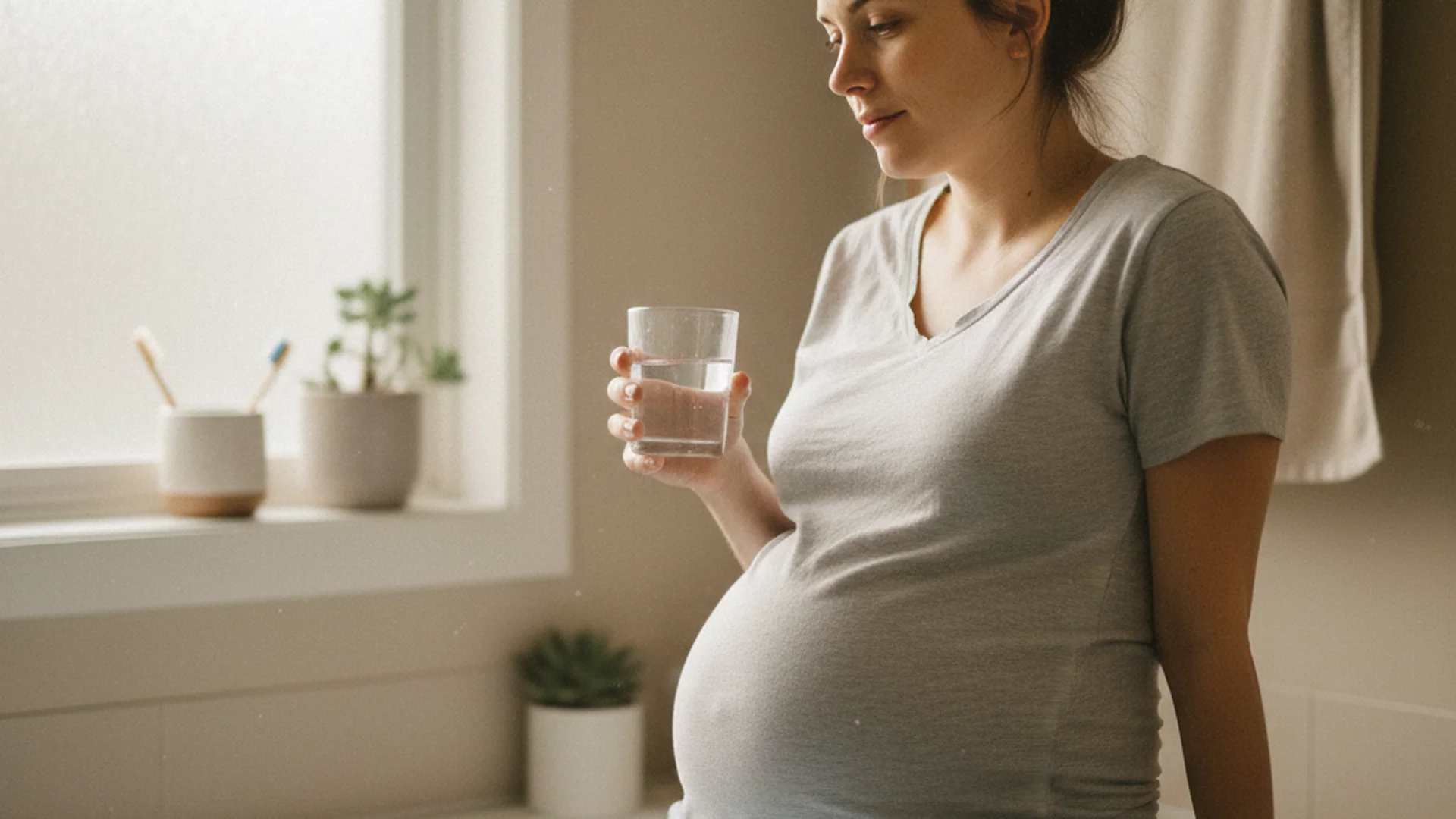 Femme enceinte assise dans sa salle de bain tenant un verre d'eau dans la lumière du matin