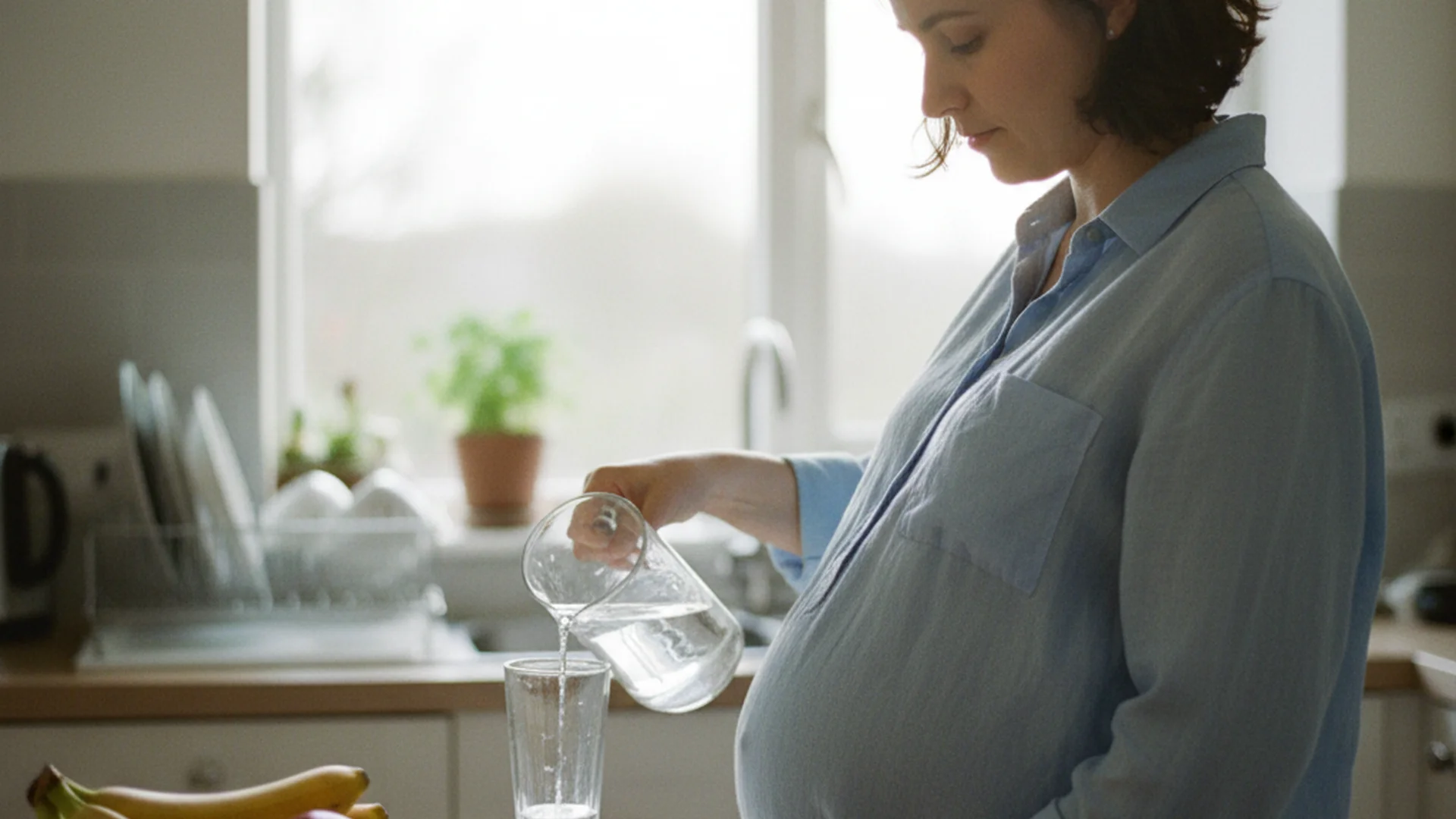 Femme enceinte dans sa cuisine se servant un grand verre d'eau, lumière naturelle du matin