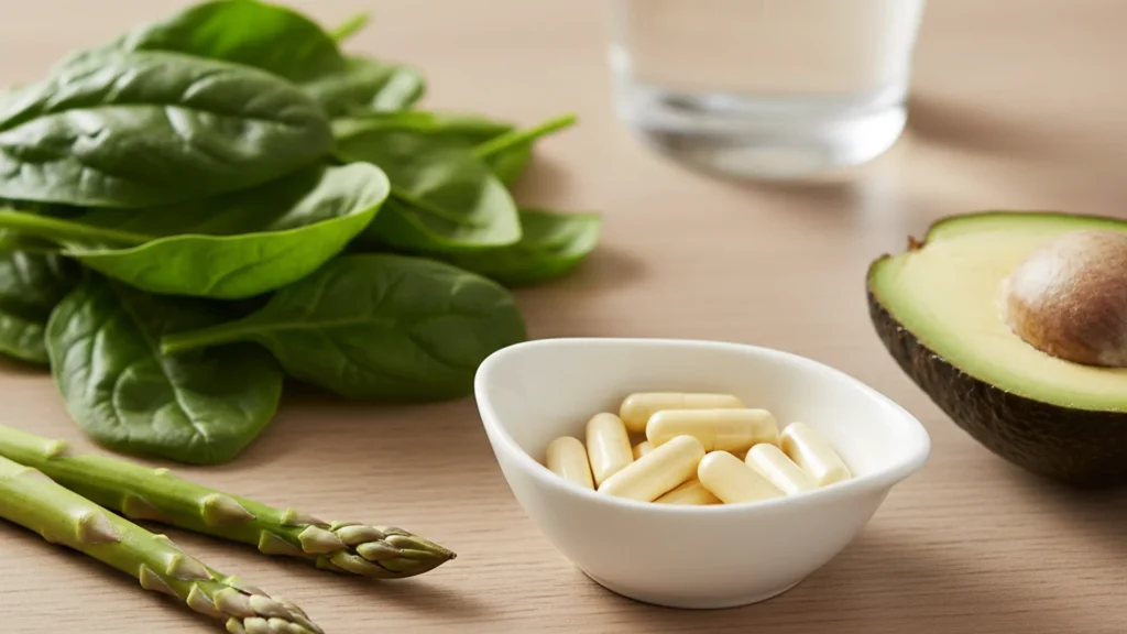 Capsule de complément dans un bol posé sur une table avec des épinard et des asperges