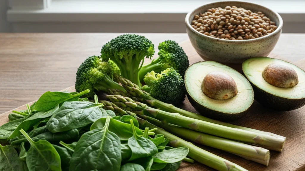 Épinards, brocolis, asperges et lentilles riches en folates