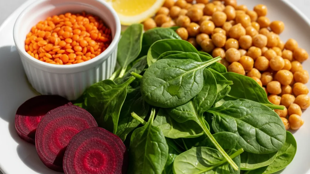 Aliments riches en fer et folates comme lentilles, pois chiches, épinards et betterave, recommandés au début de la grossesse.