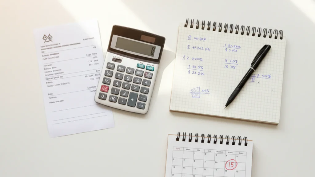 Calculatrice, factures, carnet de notes et calendrier avec une date entourée, illustrant le calcul des indemnités et la planification financière du congé maternité.