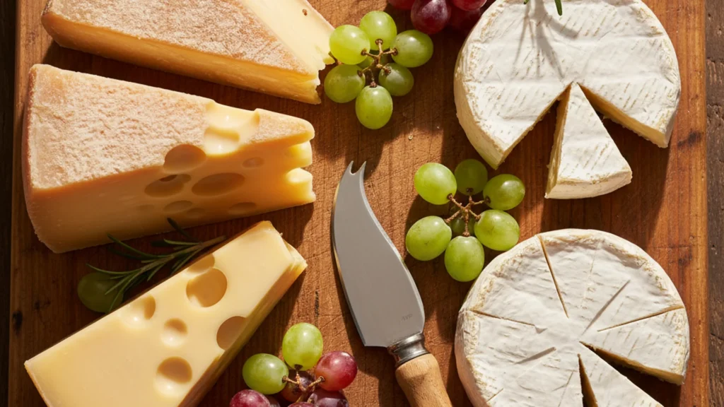 Plateau de fromages avec différents types (pâte molle et pâte dure) accompagnés de raisins, illustrant les fromages autorisés et déconseillés pendant la grossesse.