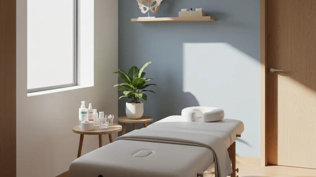 Cabinet de kinésithérapie avec table de soin et matériel, illustrant une séance de rééducation périnéale encadrée par un professionnel de santé.