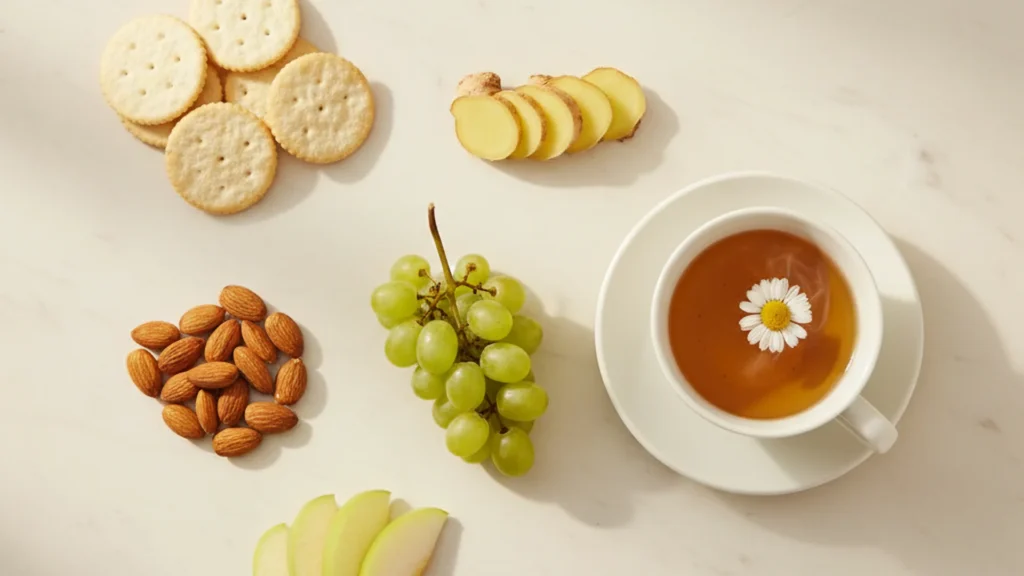 Collations légères anti-nausées incluant crackers, amandes, raisin, pomme, gingembre et tisane, adaptées au premier trimestre de grossesse.