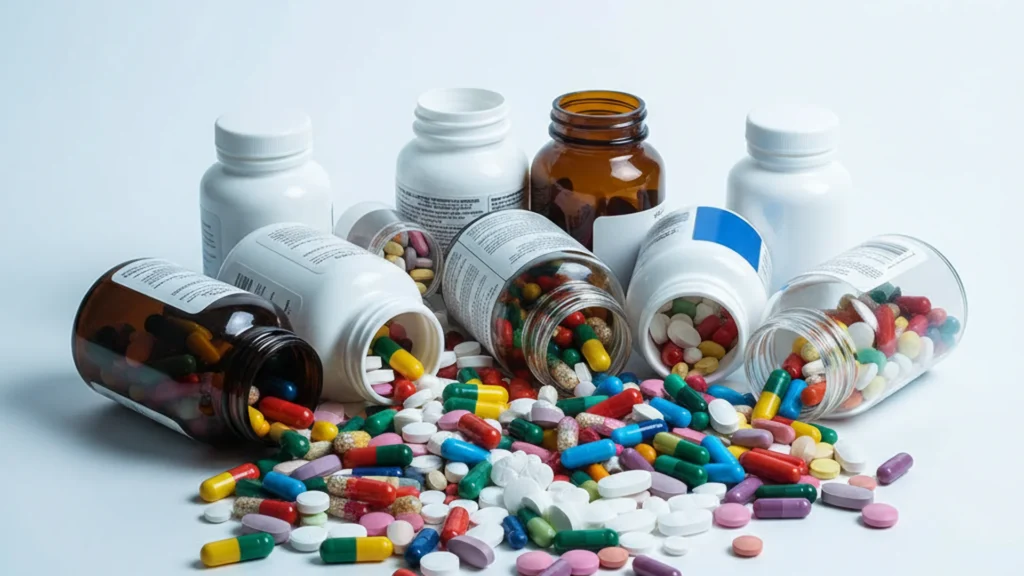 De nombreux flacons de compléments renversés