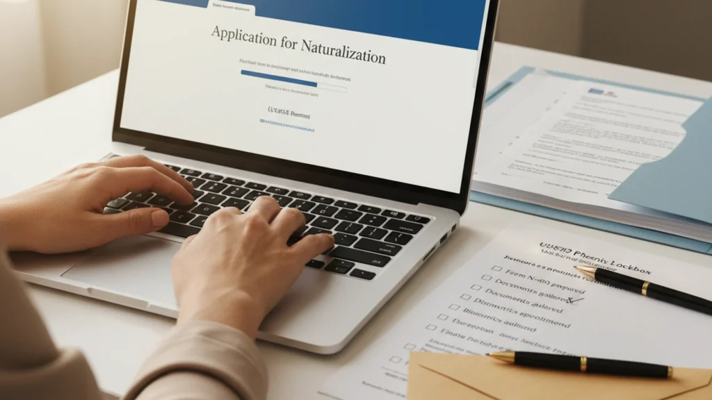 Personne utilisant un ordinateur portable pour remplir une demande de naturalisation, avec documents administratifs et checklist à côté, illustrant les démarches en ligne.