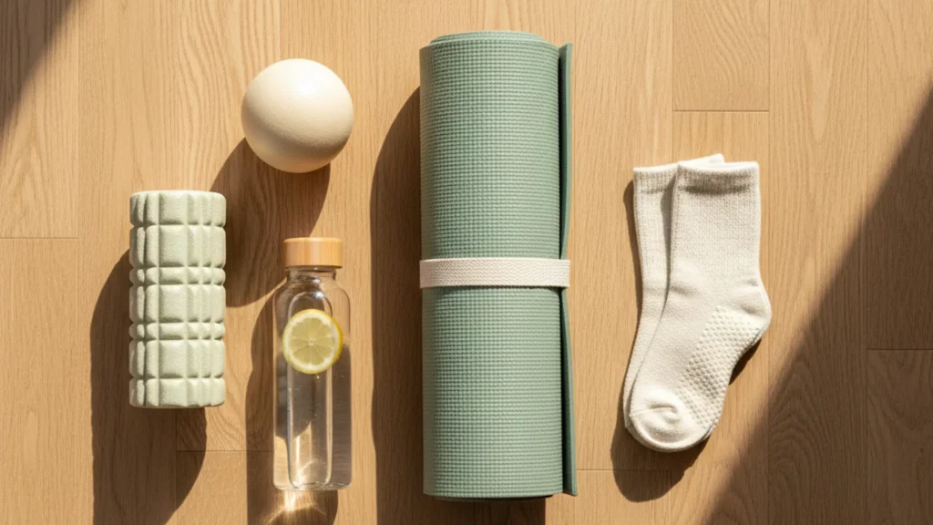 Accessoires de sport à domicile incluant tapis de yoga, rouleau de massage, bouteille d’eau et chaussettes, illustrant les exercices de rééducation périnéale à la maison.