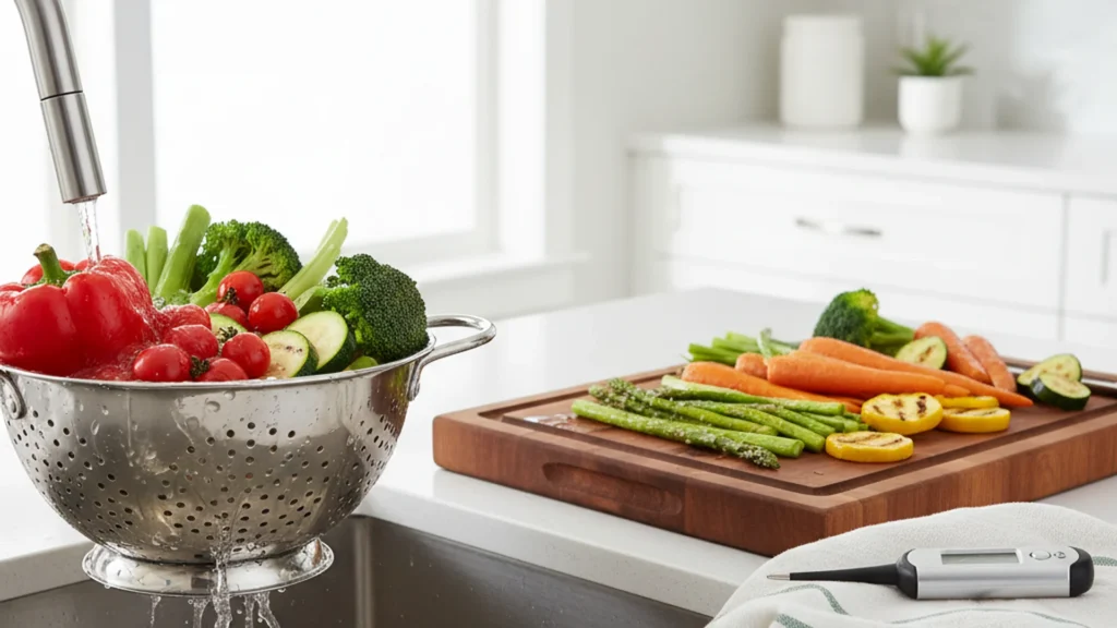 Légumes frais en cours de lavage et préparation sur un plan de travail propre avec thermomètre de cuisine, illustrant les bonnes pratiques d’hygiène alimentaire.