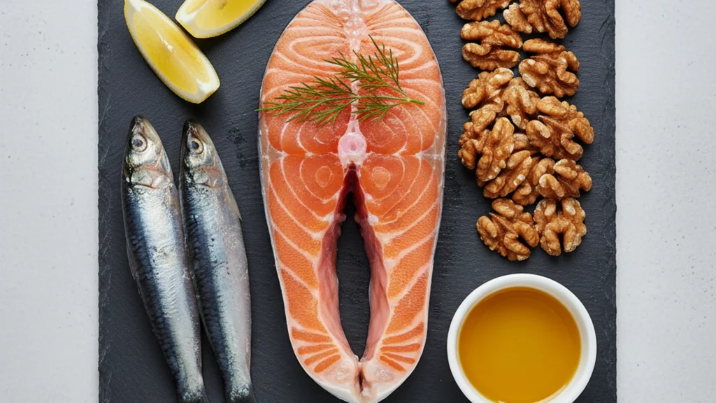 Poissons riches en oméga-3 comme saumon et sardines accompagnés de noix, citron et huile, favorisant le développement du cerveau du bébé.