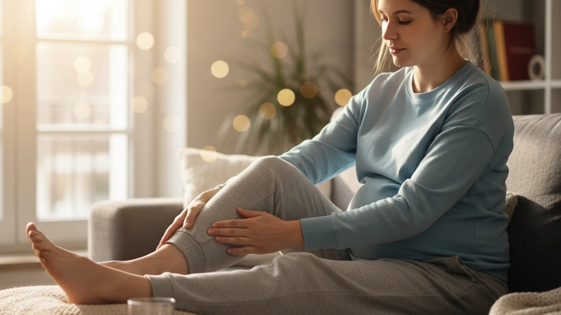 Femme enceinte assise sur son canapé, pieds surélevés sur un coussin, massant doucement son mollet