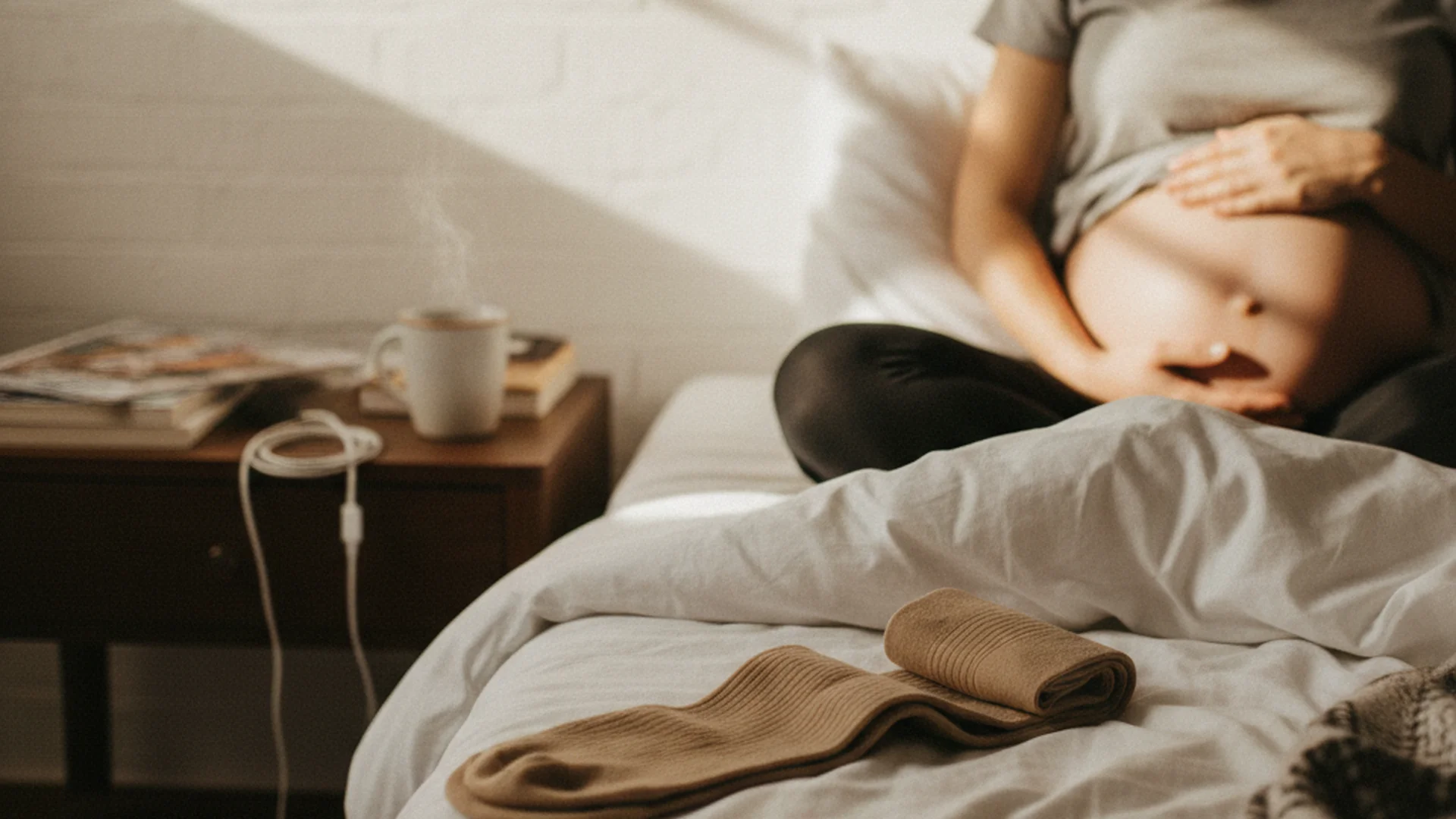 Bas de contention posés sur un lit à côté d'un ventre de femme enceinte, dans la lumière du matin